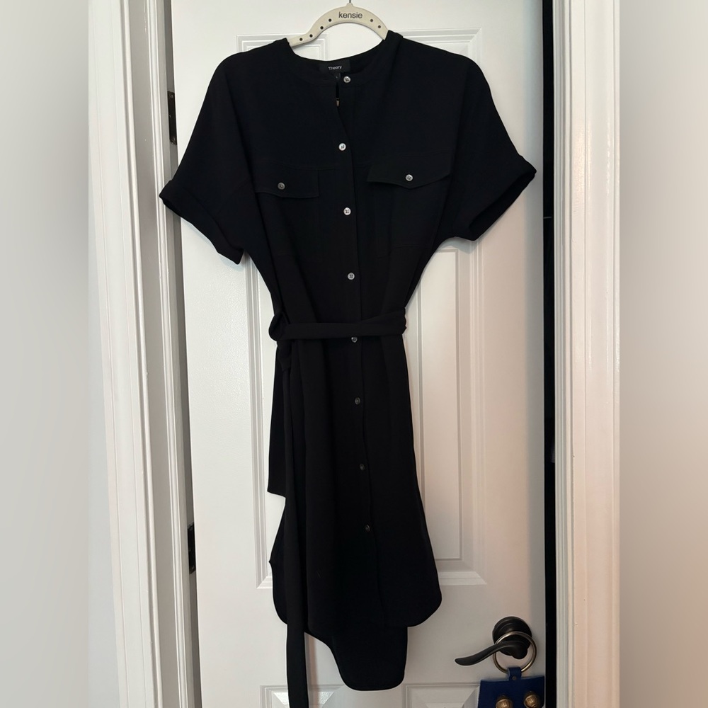 Theory Black Buttoned Tie Front Mini Dress